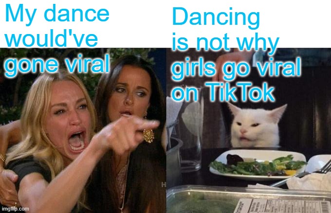 Woman Yelling At Cat Meme | My dance would've gone viral Dancing is not why girls go viral
on TikTok | image tagged in memes,woman yelling at cat | made w/ Imgflip meme maker