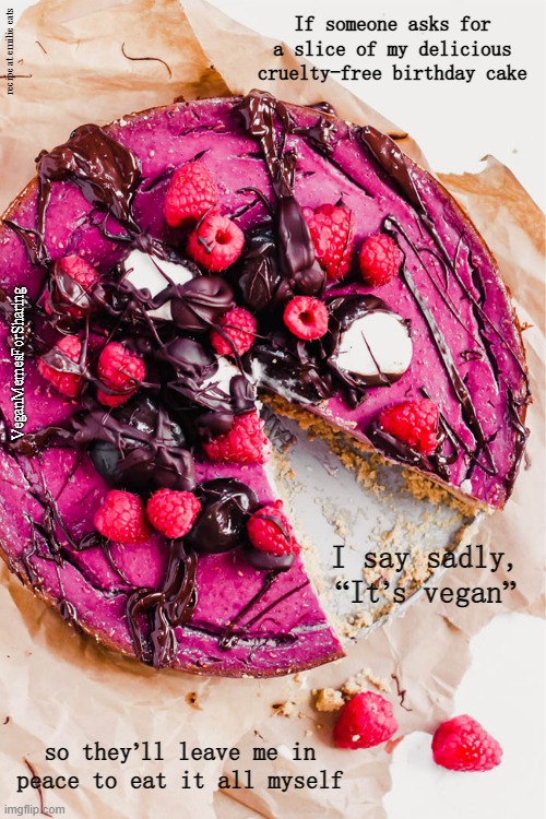 Cake | If someone asks for a slice of my delicious cruelty-free birthday cake; recipe at emilie eats; VeganMemesForSharing; I say sadly, “It’s vegan”; so they’ll leave me in peace to eat it all myself | image tagged in vegan,eggs,dairy,milk,bacon,chicken | made w/ Imgflip meme maker