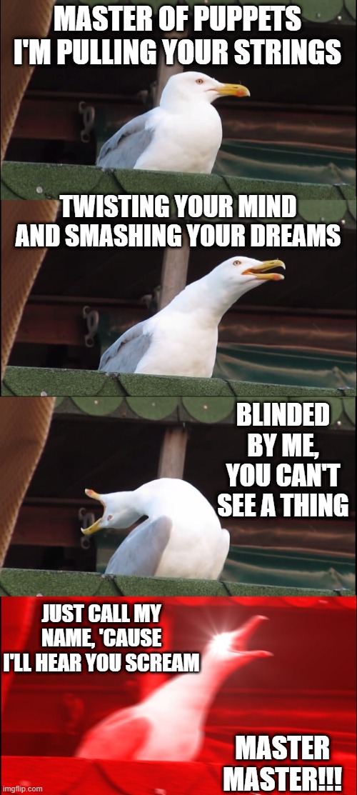 Metallica | MASTER OF PUPPETS I'M PULLING YOUR STRINGS; TWISTING YOUR MIND AND SMASHING YOUR DREAMS; BLINDED BY ME, YOU CAN'T SEE A THING; JUST CALL MY NAME, 'CAUSE I'LL HEAR YOU SCREAM; MASTER
MASTER!!! | image tagged in memes,inhaling seagull | made w/ Imgflip meme maker