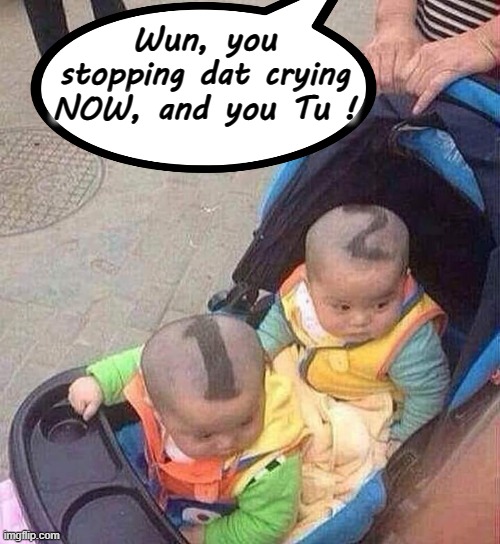 Wun and one is Tu ! | Wun, you
stopping dat crying
NOW, and you Tu ! | image tagged in crybabies | made w/ Imgflip meme maker