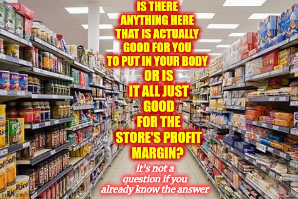YOU Don't Need Preservatives Or Additives.  Corporations With Mass Distribution Do | IS THERE ANYTHING HERE THAT IS ACTUALLY GOOD FOR YOU TO PUT IN YOUR BODY; OR IS IT ALL JUST GOOD FOR THE STORE'S PROFIT MARGIN? it's not a question if you already know the answer | image tagged in grocery aisle,eat healthy,food for thought,preservatives,additives,buy local | made w/ Imgflip meme maker