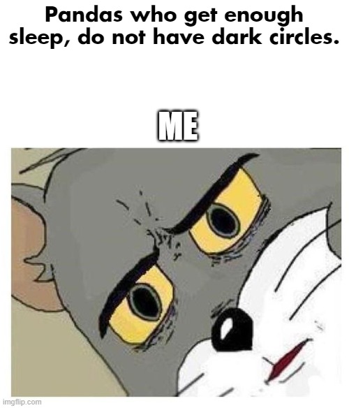 Unsettled Tom | Pandas who get enough sleep, do not have dark circles. ME | image tagged in unsettled tom | made w/ Imgflip meme maker