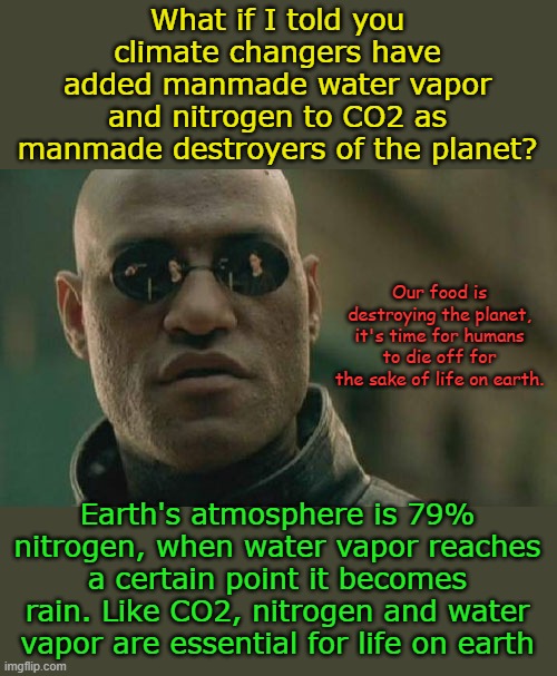 The Climate SCIENCE Creed: When real science gets in the way, create more enemies out of essential natural elements. | What if I told you climate changers have added manmade water vapor and nitrogen to CO2 as manmade destroyers of the planet? Our food is destroying the planet, it's time for humans to die off for the sake of life on earth. Earth's atmosphere is 79% nitrogen, when water vapor reaches a certain point it becomes rain. Like CO2, nitrogen and water vapor are essential for life on earth | image tagged in memes,matrix morpheus | made w/ Imgflip meme maker