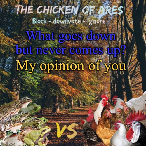 Chicken of Ares announces crap for everyone | What goes down but never comes up? My opinion of you | image tagged in chicken of ares announces crap for everyone | made w/ Imgflip meme maker