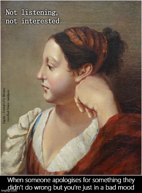 Bad Mood | Not listening, not interested; Ingres - Portrait of a Woman
in a Red Dress: minkpen; When someone apologises for something they didn’t do wrong but you’re just in a bad mood | image tagged in art memes,ingres,moody,bpd,argument,relationships | made w/ Imgflip meme maker