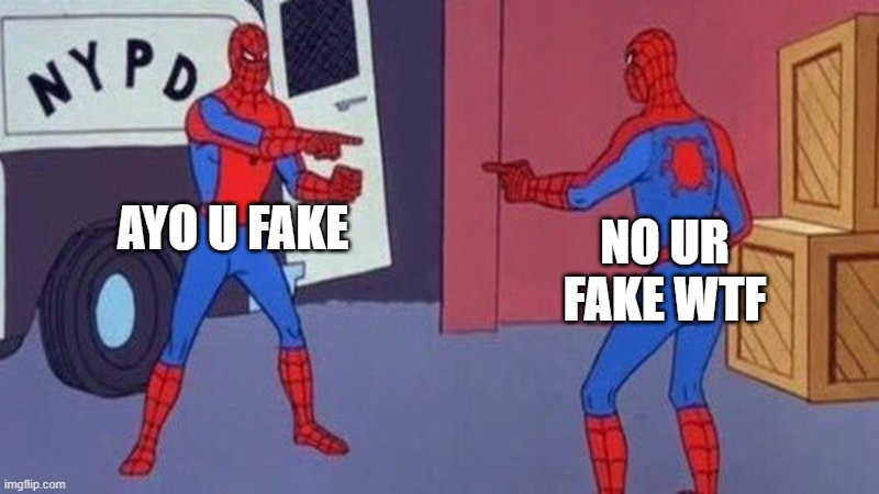 spiderman pointing at spiderman | AYO U FAKE NO UR FAKE WTF | image tagged in spiderman pointing at spiderman | made w/ Imgflip meme maker