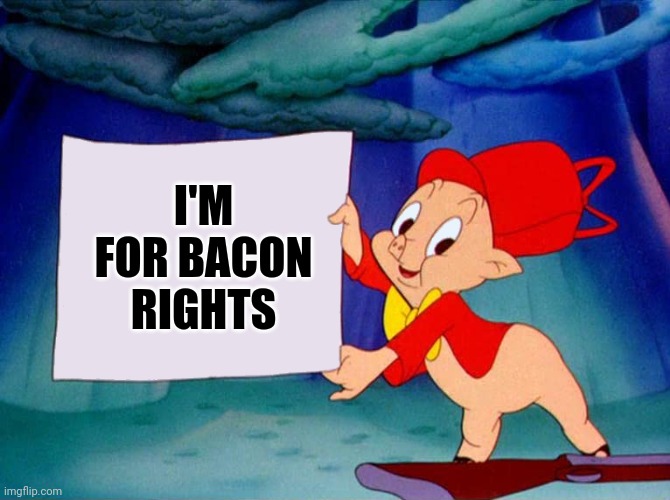 Porky Pig holding sign | I'M FOR BACON RIGHTS | image tagged in porky pig holding sign | made w/ Imgflip meme maker