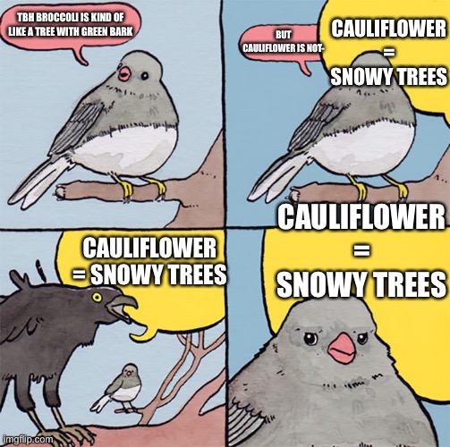 Interrupting bird | TBH BROCCOLI IS KIND OF LIKE A TREE WITH GREEN BARK BUT CAULIFLOWER IS NOT- CAULIFLOWER = SNOWY TREES CAULIFLOWER = SNOWY TREES CAULIFLOWER  | image tagged in interrupting bird | made w/ Imgflip meme maker