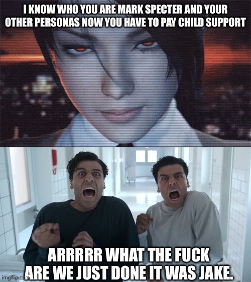 Forgot to pay child support | I KNOW WHO YOU ARE MARK SPECTER AND YOUR OTHER PERSONAS NOW YOU HAVE TO PAY CHILD SUPPORT; ARRRRR WHAT THE FUCK ARE WE JUST DONE IT WAS JAKE. | image tagged in momjil,moon knight | made w/ Imgflip meme maker