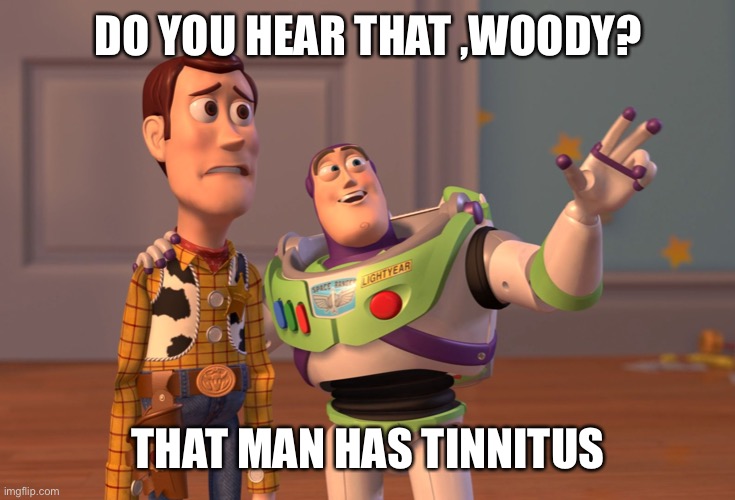 X, X Everywhere Meme | DO YOU HEAR THAT ,WOODY? THAT MAN HAS TINNITUS | image tagged in memes,x x everywhere | made w/ Imgflip meme maker