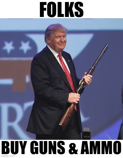 Buy guns & ammo! | FOLKS; BUY GUNS & AMMO | image tagged in president trump,donald trump,guns,ammo,patriots | made w/ Imgflip meme maker