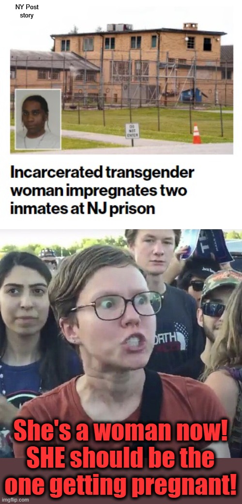 Democrats still aren't sure how all this works | NY Post
story; She's a woman now!
SHE should be the
one getting pregnant! | image tagged in triggered feminist,memes,inmate,transgender woman,impregnates inmates,democrats | made w/ Imgflip meme maker