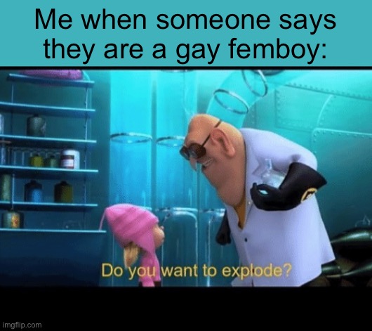 Do you want to explode | Me when someone says they are a gay femboy: | image tagged in do you want to explode | made w/ Imgflip meme maker