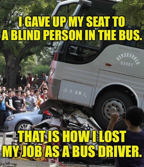 Lost my job as bus driver | I GAVE UP MY SEAT TO A BLIND PERSON IN THE BUS. THAT IS HOW I LOST MY JOB AS A BUS DRIVER. | image tagged in bus driver,lost my job,gave up my seat,to blind man | made w/ Imgflip meme maker