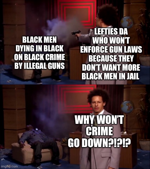 Black on Black | LEFTIES DA WHO WON’T ENFORCE GUN LAWS BECAUSE THEY DON’T WANT MORE BLACK MEN IN JAIL; BLACK MEN DYING IN BLACK ON BLACK CRIME BY ILLEGAL GUNS; WHY WON’T CRIME GO DOWN?!?!? | image tagged in how could they have done this | made w/ Imgflip meme maker