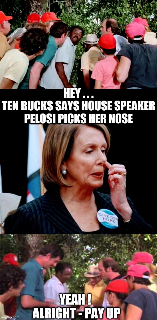 Pick a Winner |  HEY . . .
TEN BUCKS SAYS HOUSE SPEAKER PELOSI PICKS HER NOSE; YEAH ! 
ALRIGHT - PAY UP | image tagged in nancy pelosi,liberals,congress,leftists,democrats,caddyshack | made w/ Imgflip meme maker