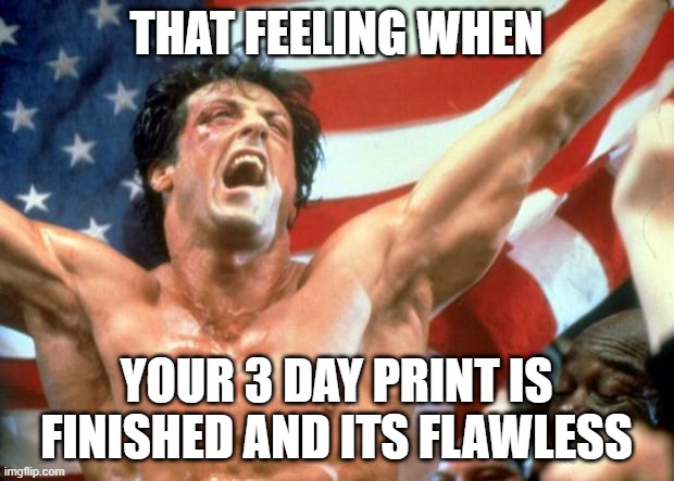 Rocky Victory | THAT FEELING WHEN; YOUR 3 DAY PRINT IS FINISHED AND ITS FLAWLESS | image tagged in rocky victory | made w/ Imgflip meme maker