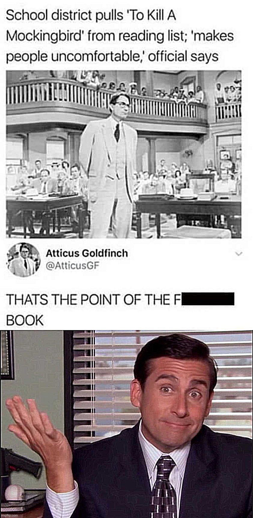 Confronting racism should make you uncomfortable. | image tagged in to kill a mockingbird makes people uncomfortable,michael scott | made w/ Imgflip meme maker