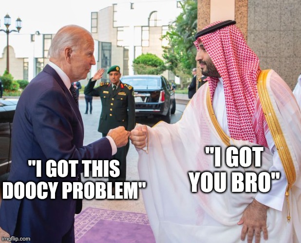 Cool bruh | "I GOT YOU BRO"; "I GOT THIS DOOCY PROBLEM" | image tagged in joe biden and saudi crown prince mohammed bin salman | made w/ Imgflip meme maker
