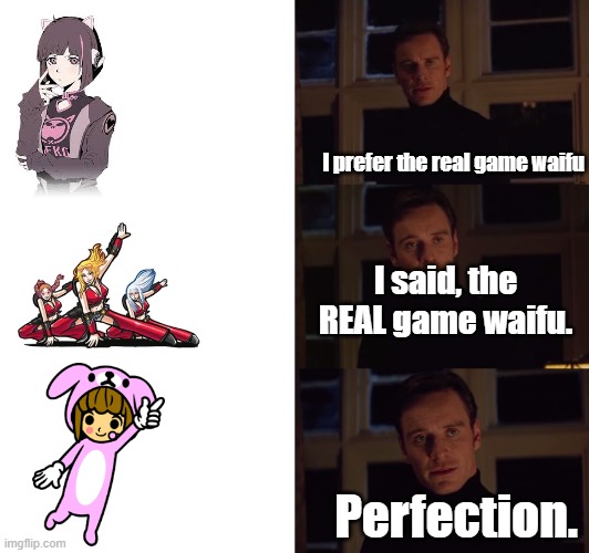 pop singer best game waifu | I prefer the real game waifu; I said, the REAL game waifu. Perfection. | image tagged in perfection,rhythm heaven,elite beat agents,cytus | made w/ Imgflip meme maker