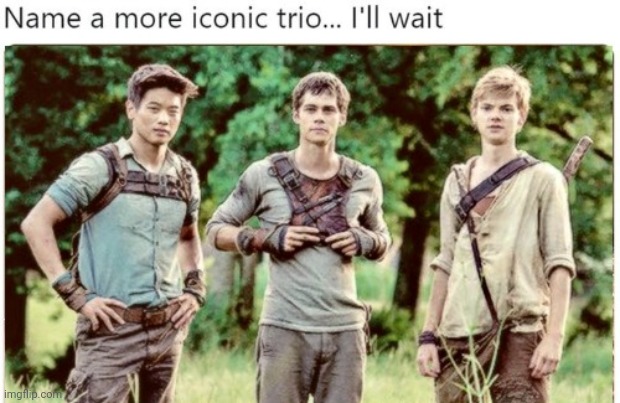 Maze Runner trio. Comment down below who is your favorite Maze Runner character. | image tagged in name a more iconic duo i'll wait,maze runner,so true memes,funny memes | made w/ Imgflip meme maker