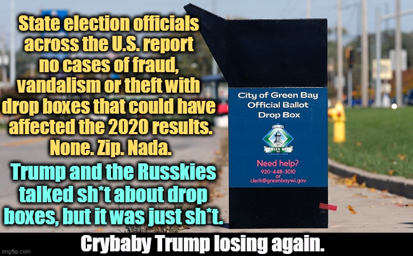 State election officials 
across the U.S. report 
no cases of fraud, 
vandalism or theft with 
drop boxes that could have 
affected the 2020 results.
None. Zip. Nada. Trump and the Russkies talked sh*t about drop boxes, but it was just sh*t. Crybaby Trump losing again. | image tagged in crybaby,trump,election 2020,loser,phony,alibi | made w/ Imgflip meme maker