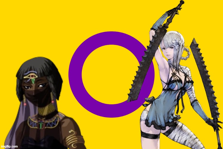 Just a couple of characters | image tagged in intersex flag,intersex,gaymer,nier,persona | made w/ Imgflip meme maker