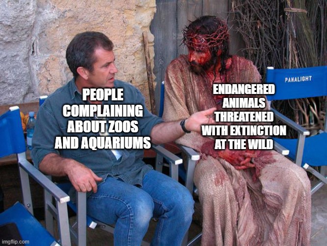 God Bless Our Zoos and Aquariums! | ENDANGERED ANIMALS THREATENED WITH EXTINCTION AT THE WILD; PEOPLE COMPLAINING ABOUT ZOOS AND AQUARIUMS | image tagged in mel gibson and jesus christ | made w/ Imgflip meme maker