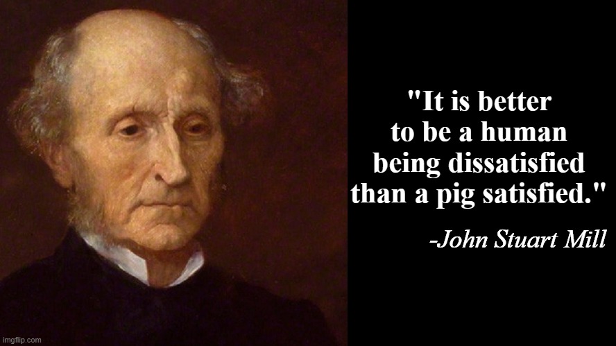 John Stuart Mill | "It is better to be a human being dissatisfied than a pig satisfied."; -John Stuart Mill | image tagged in rmk,john stuart mill | made w/ Imgflip meme maker