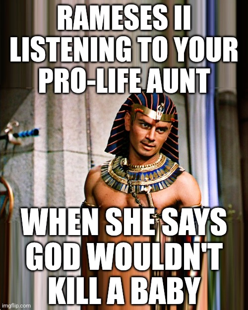 RAMESES II | RAMESES II
LISTENING TO YOUR
PRO-LIFE AUNT; WHEN SHE SAYS
GOD WOULDN'T
KILL A BABY | image tagged in rameses ii,rameses looking at,god,pro-life,aunt,god wouldn't kill babies | made w/ Imgflip meme maker