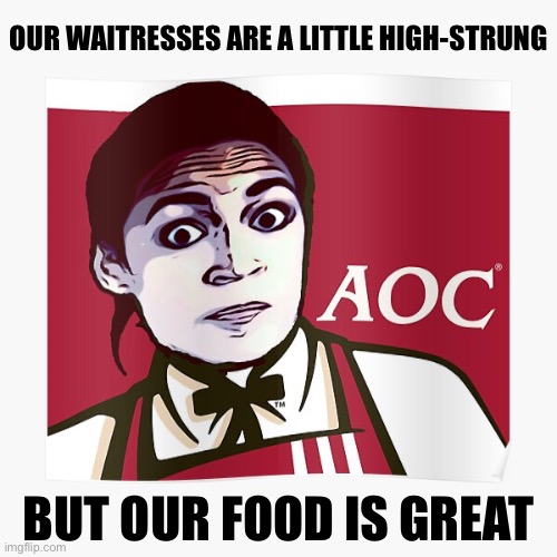 Great food! | OUR WAITRESSES ARE A LITTLE HIGH-STRUNG; BUT OUR FOOD IS GREAT | image tagged in aoc,alexandria ocasio-cortez,crazy alexandria ocasio-cortez,crazy aoc,crazy lady,crazy woman | made w/ Imgflip meme maker