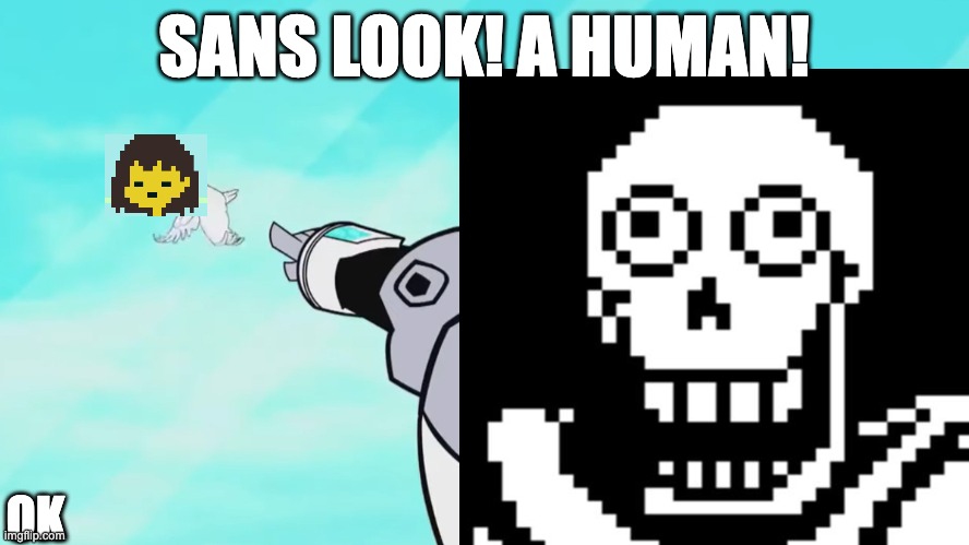 human |  SANS LOOK! A HUMAN! OK | image tagged in sans undertale,undertale,papyrus,frisk | made w/ Imgflip meme maker