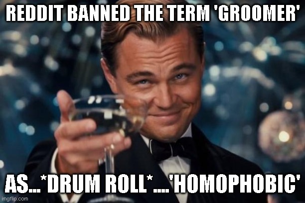 well would ya look at that.... they did it , not me. | REDDIT BANNED THE TERM 'GROOMER'; AS...*DRUM ROLL*....'HOMOPHOBIC' | image tagged in memes,leonardo dicaprio cheers | made w/ Imgflip meme maker