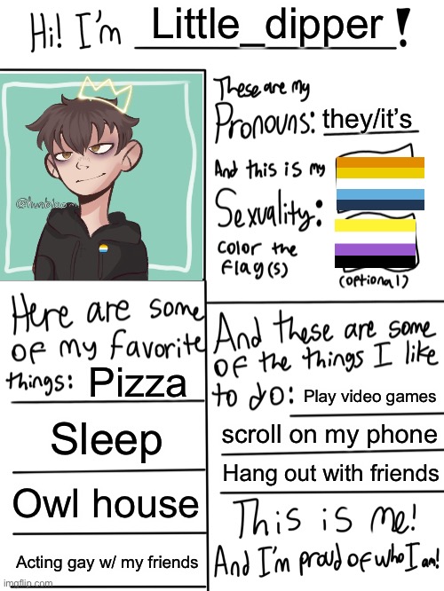 I made one | Little_dipper; they/it’s; Pizza; Play video games; Sleep; scroll on my phone; Hang out with friends; Owl house; Acting gay w/ my friends | image tagged in lgbtq stream account profile | made w/ Imgflip meme maker