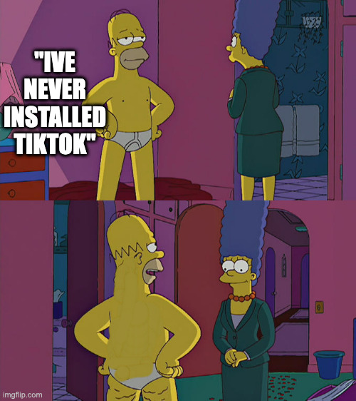 haha |  "IVE NEVER INSTALLED TIKTOK" | image tagged in homer simpson's back fat | made w/ Imgflip meme maker