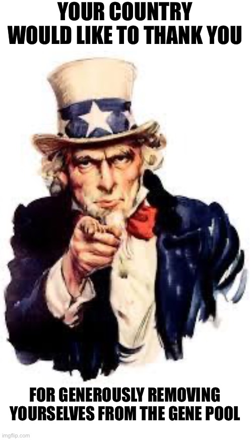 We Want you | YOUR COUNTRY WOULD LIKE TO THANK YOU FOR GENEROUSLY REMOVING YOURSELVES FROM THE GENE POOL | image tagged in we want you | made w/ Imgflip meme maker