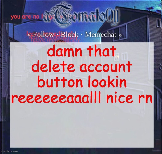 aTomato011 | damn that delete account button lookin reeeeeeaaalll nice rn | image tagged in atomato011 | made w/ Imgflip meme maker