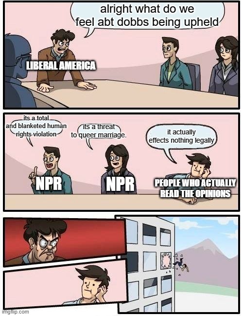 trust me i am a pro-choice libertarian law nut... | alright what do we feel abt dobbs being upheld; LIBERAL AMERICA; its a total and blanketed human rights violation; its a threat to queer marriage. it actually effects nothing legally; PEOPLE WHO ACTUALLY READ THE OPINIONS; NPR; NPR | image tagged in memes,boardroom meeting suggestion | made w/ Imgflip meme maker