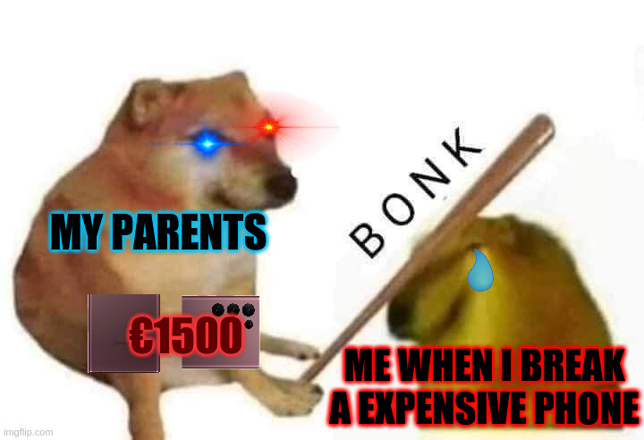 Doge bonk | MY PARENTS; €1500; ME WHEN I BREAK A EXPENSIVE PHONE | image tagged in doge bonk | made w/ Imgflip meme maker