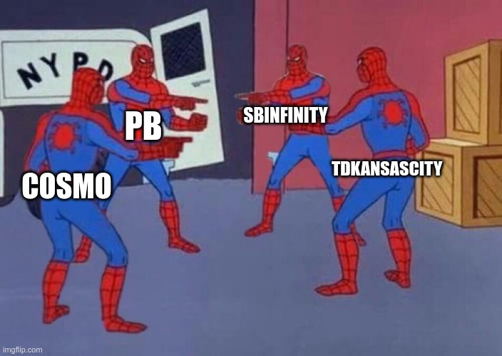4 Spiderman pointing at each other | SBINFINITY; PB; TDKANSASCITY; COSMO | image tagged in 4 spiderman pointing at each other | made w/ Imgflip meme maker