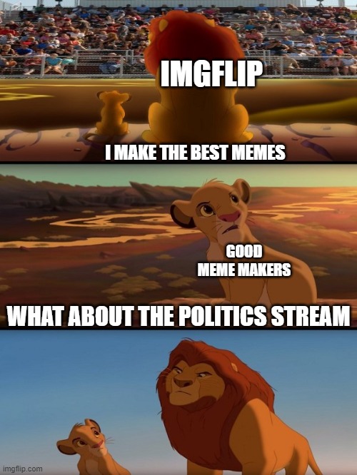 Mufasa and Simba | IMGFLIP; I MAKE THE BEST MEMES; GOOD MEME MAKERS; WHAT ABOUT THE POLITICS STREAM | image tagged in mufasa and simba | made w/ Imgflip meme maker