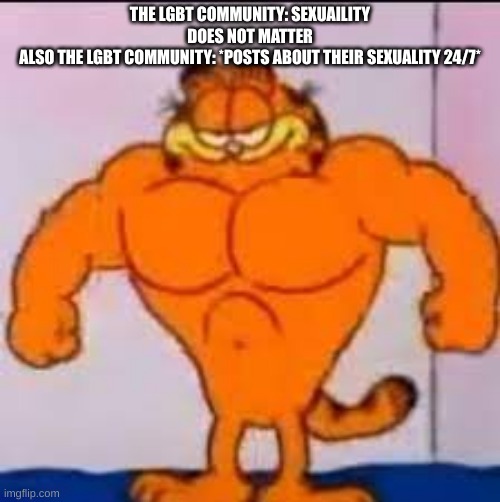 Buff garfield | THE LGBT COMMUNITY: SEXUAILITY DOES NOT MATTER
ALSO THE LGBT COMMUNITY: *POSTS ABOUT THEIR SEXUALITY 24/7* | image tagged in buff garfield | made w/ Imgflip meme maker