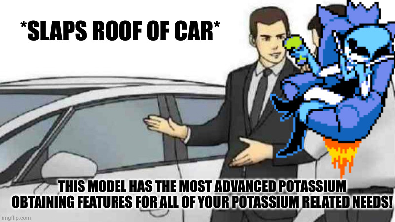 *insert creative title here* | *SLAPS ROOF OF CAR*; THIS MODEL HAS THE MOST ADVANCED POTASSIUM OBTAINING FEATURES FOR ALL OF YOUR POTASSIUM RELATED NEEDS! | image tagged in memes,car salesman slaps roof of car | made w/ Imgflip meme maker