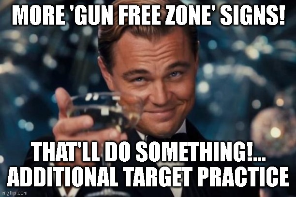 Leonardo Dicaprio Cheers Meme | MORE 'GUN FREE ZONE' SIGNS! THAT'LL DO SOMETHING!... ADDITIONAL TARGET PRACTICE | image tagged in memes,leonardo dicaprio cheers | made w/ Imgflip meme maker