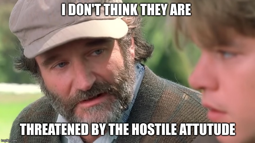 Good Will Hunting | I DON'T THINK THEY ARE; THREATENED BY THE HOSTILE ATTUTUDE | image tagged in good will hunting | made w/ Imgflip meme maker