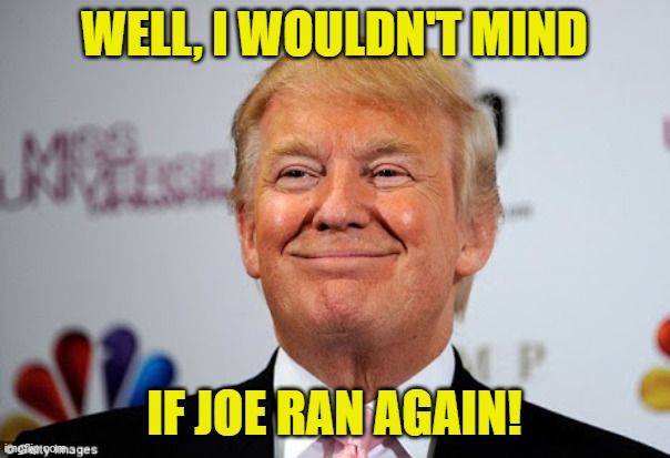 Donald trump approves | WELL, I WOULDN'T MIND IF JOE RAN AGAIN! | image tagged in donald trump approves | made w/ Imgflip meme maker