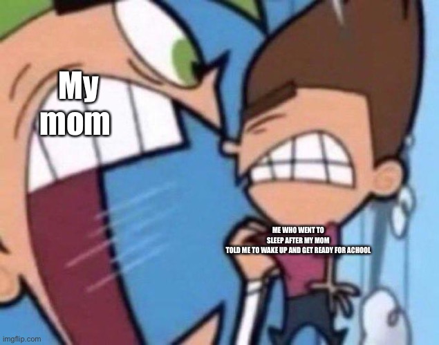 Cosmo yelling at timmy | My mom; ME WHO WENT TO SLEEP AFTER MY MOM TOLD ME TO WAKE UP AND GET READY FOR SCHOOL | image tagged in cosmo yelling at timmy | made w/ Imgflip meme maker