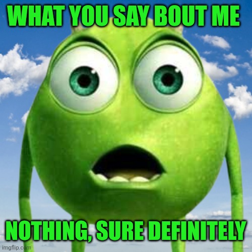 What You Say About Me? | WHAT YOU SAY BOUT ME; NOTHING, SURE DEFINITELY | image tagged in mike wazowski | made w/ Imgflip meme maker