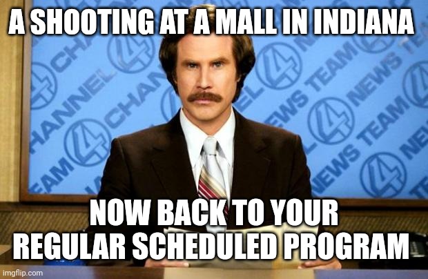 BREAKING NEWS | A SHOOTING AT A MALL IN INDIANA; NOW BACK TO YOUR REGULAR SCHEDULED PROGRAM | image tagged in breaking news | made w/ Imgflip meme maker