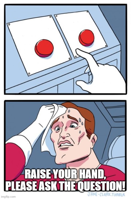 Two Buttons Meme | RAISE YOUR HAND, PLEASE ASK THE QUESTION! | image tagged in memes,two buttons | made w/ Imgflip meme maker
